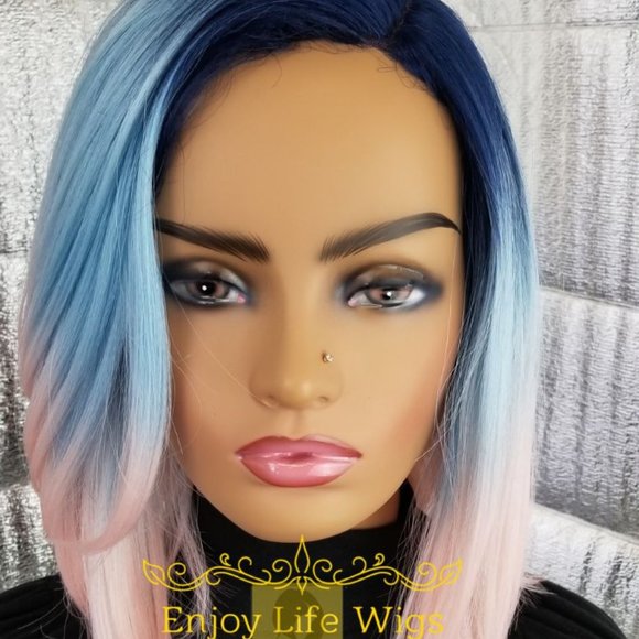 3 color pink blonde blue bob human blend wig main image 4